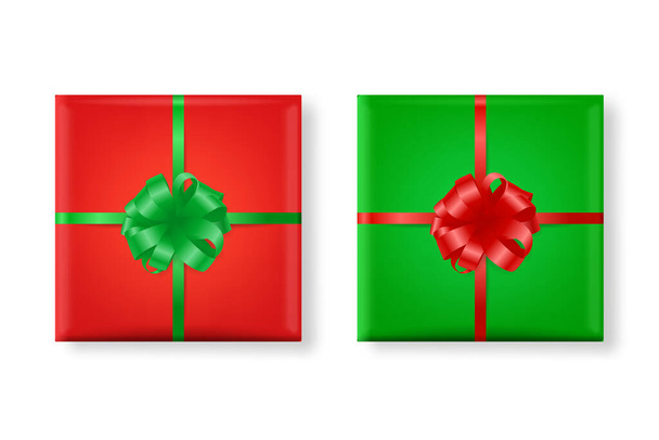 Vector 3d Realistic Paper Green and Red Christmas Gift Box, Bow Icon Set Isolated. New Year, Christmas, Valentine Day or Anniversary Concept. Design Template of Christmas Present Packing. Top View - Vector, afbeelding