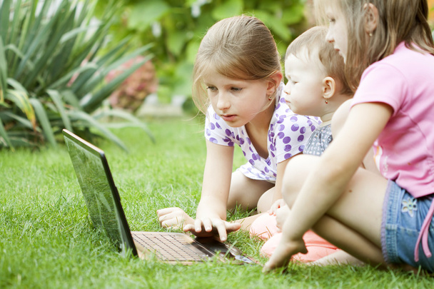 Children using laptop in the meadow - Foto, immagini