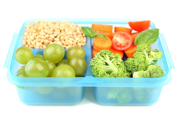Tasty vegetarian food in plastic box, isolated on white - Zdjęcie, obraz