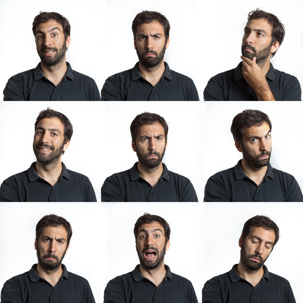 молодий чоловік стикається з виразами з бородою і вусами композитно ізольовані
 - Фото, зображення