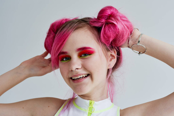 pretty woman bright makeup posing poster stylish clothing Acid style design - Foto, immagini