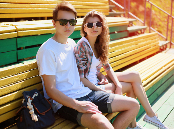 Summer portrait young modern stylish couple in sunglasses rest i - 写真・画像