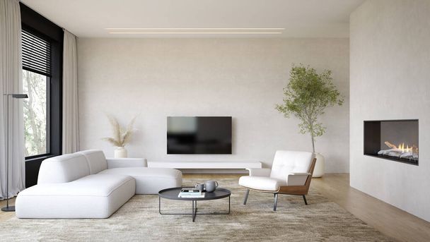 Interior of modern living room with fireplace 3D rendering - Fotografie, Obrázek