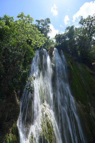 滝の写真は熱帯雨林のドミニカ共和国で撮影されました。自然のままの美しさと水の印象を持つジャングルの写真. - 写真・画像