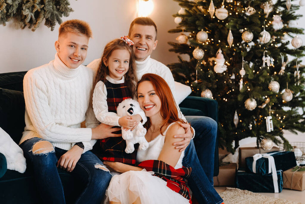 Close-up portrait of a happy family sitting on a sofa near a Christmas tree celebrating a holiday. - Foto, immagini