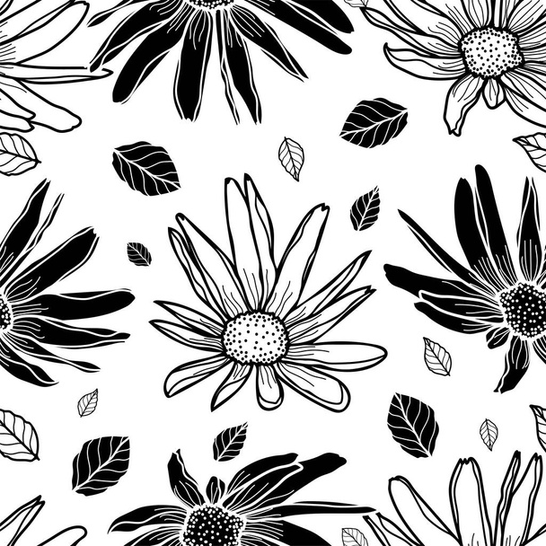 Black and white floral surface pattern design. Great for retro summer fabric - Vetor, Imagem