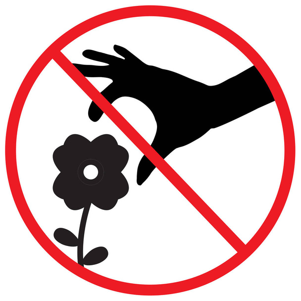 Non scegliere il cartello dei fiori. un segno rosso che ti dice di non raccogliere il fiore in questa zona. stile piatto.  - Vettoriali, immagini