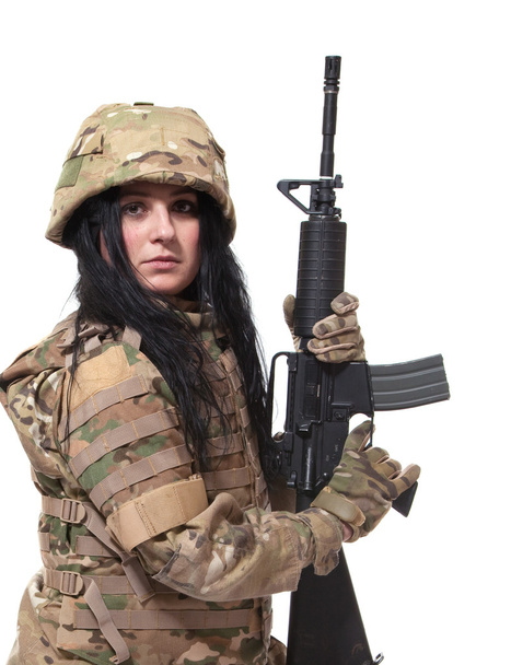 Beautiful army girl with rifle - Fotoğraf, Görsel