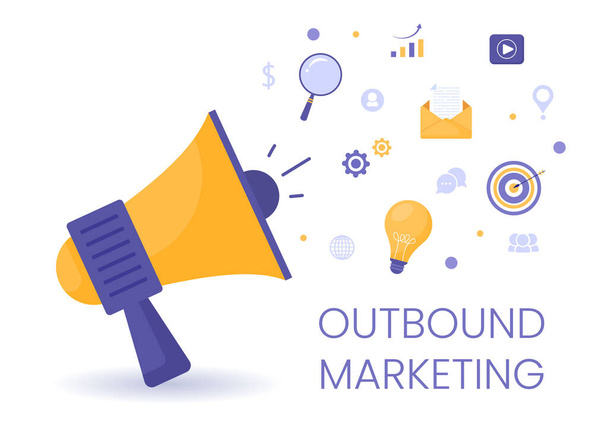 Outbound Marketing Business Εικονογράφηση διάνυσμα με Megaphone Σχεδιασμός για να προσελκύσει πελάτες εκτός σύνδεσης ή σε απευθείας σύνδεση για Web ή Αφίσα - Διάνυσμα, εικόνα