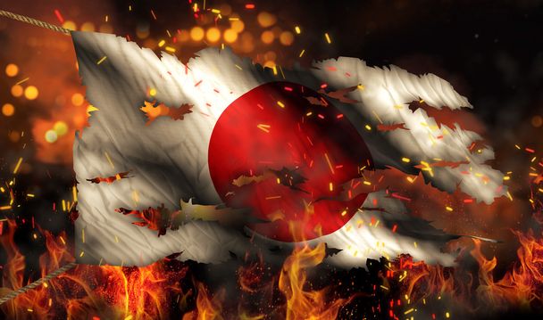 Japan Burning Fire Flag War Conflict Night 3D - Photo, Image