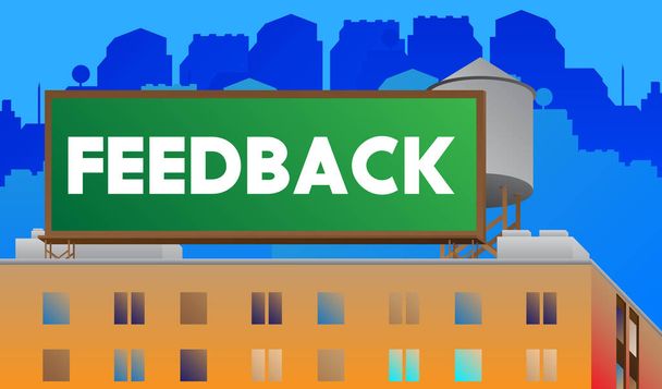 Feedback text on a billboard sign atop a brick building. Outdoor advertising in the city. Large banner on roof top of a brick architecture. - Vector, Image