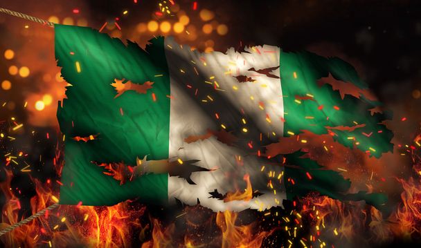 Nigérie, hořící ohně vlajky válka konflikt noci 3d - Fotografie, Obrázek