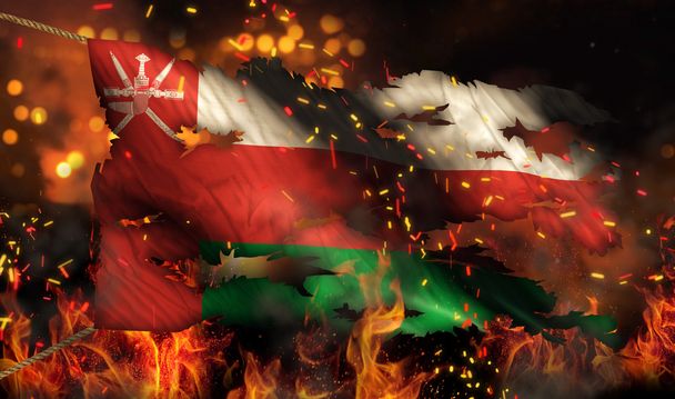 Omã queima de fogo bandeira guerra conflito noite 3D
 - Foto, Imagem
