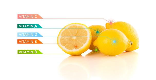 Healthy fruits with colorful vitamin symbols and icons - Foto, Imagem