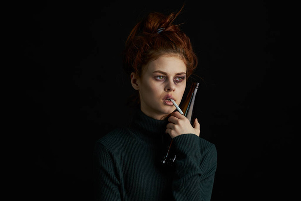 woman with cigarette bottle of alcohol bruises under eyes problems depression - Foto, Imagen
