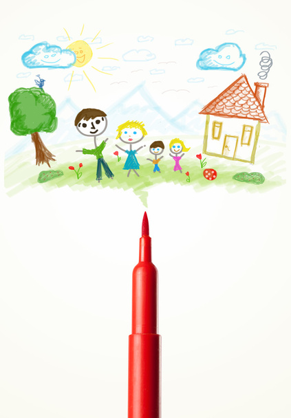 Pluma de fieltro de cerca con un dibujo de una familia
 - Foto, imagen