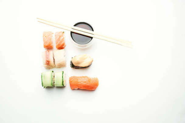 sushi chopsticks soy sauce snack delicacy japanese cuisine - Photo, image