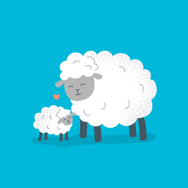 Una madre de oveja y un cordero están juntos. Ilustración plana del vector. - Vector, Imagen