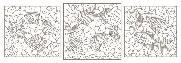 Ένα σύνολο απεικονίσεων περιγράμματος με ψάρια σε φόντο νερού και άλγης, σκούρα περιγράμματα σε λευκό φόντο, ορθογώνιες εικόνες - Διάνυσμα, εικόνα