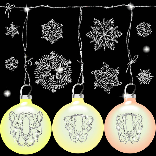 Christmas balls. Set, collection. Shiny round Christmas decorations. Christmas. Soft, pastel shades. On a black background. Seamless ornament. Stylish original drawing. Silver shiny snowflakes. - Photo, Image