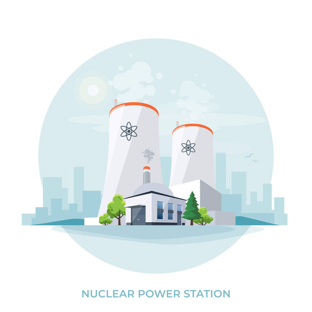 Ydinreaktorin voimalaitos. Radioaktiivisen tehtaan sähköenergian tuotanto jäähdytystorneineen ja rakennuksineen. Atomisähkögeneraattori. Erillinen vektorikuva valkoisella taustalla. - Vektori, kuva