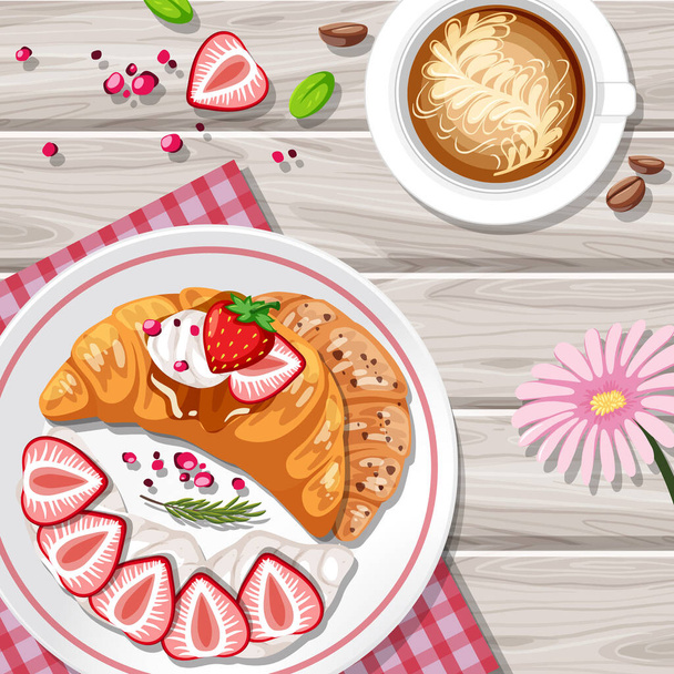 Croissant with strawberry topping and a cup of coffee on the table illustration - Vektor, kép