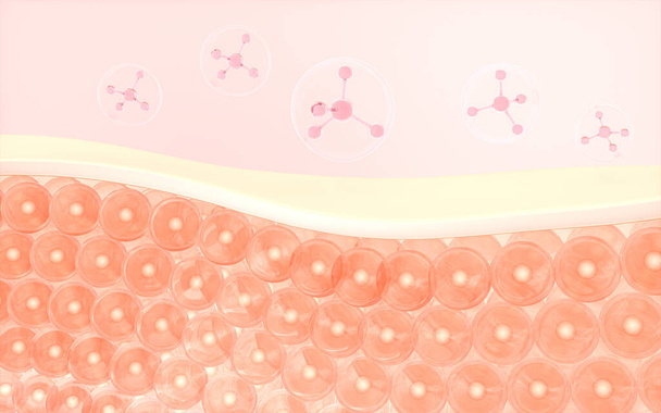 Células de la piel y estructura molecular, representación 3d. Dibujo digital informático. - Foto, Imagen