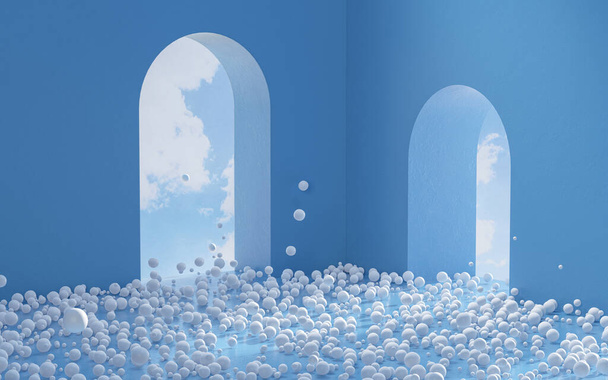 Sok fehér golyó egy kék szobában, 3D-s renderelés. Számítógépes digitális rajz. - Fotó, kép