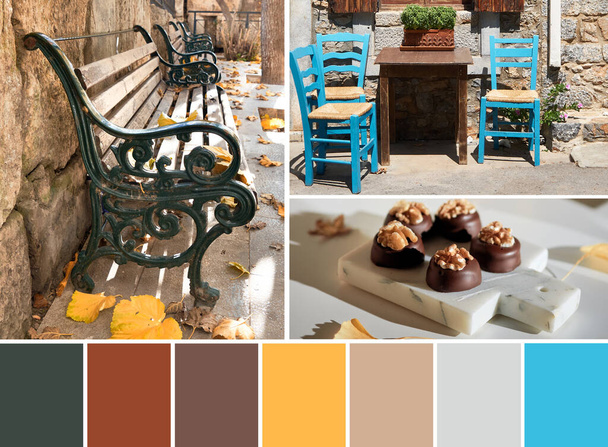 Color matching palette from images of old bench with Antumn leaves, turquoise chairs in Greek outdoor cafe and chocolate praines with walnuts on off white marble. Fal colors, orange, red, beige. - Foto, Imagen