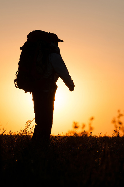 Hiker with backpack in field - Photo, image