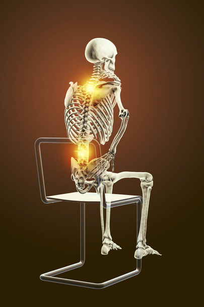 Ludzki ból kręgosłupa, ból pleców, ból pleców, konceptualna ilustracja 3D pokazująca ludzki szkielet z bolesnymi plecami. Widok grzbietowy - Zdjęcie, obraz
