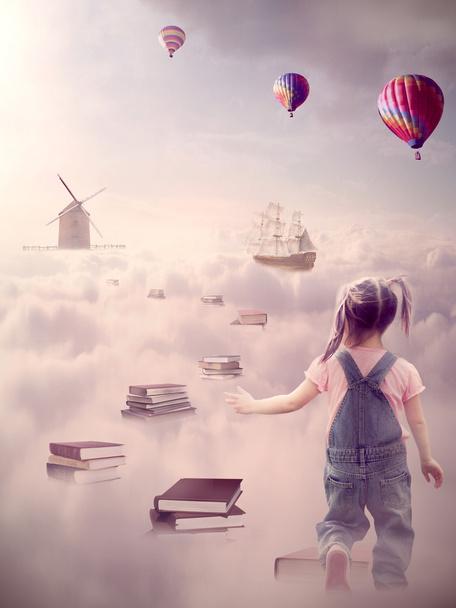 In search for knowledge concept. Girl walking down the book pass above clouds - Fotografie, Obrázek