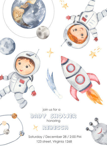 Space περιπέτεια με λίγο αστροναύτη, πλανήτη, πύραυλο, αστέρια, κομήτης Watercolor μωρό ντους  - Φωτογραφία, εικόνα