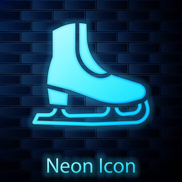 Leuchtende Neon-Skates-Ikone isoliert auf Backsteinwand Hintergrund. Eisschuh-Ikone. Sportschuhe mit Klingen. Vektor. - Vektor, Bild