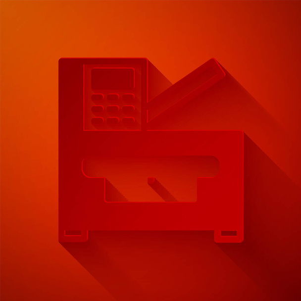 Иконка многофункционального принтера Office вырезана красным фоном. Бумажный стиль. Вектор. - Вектор,изображение