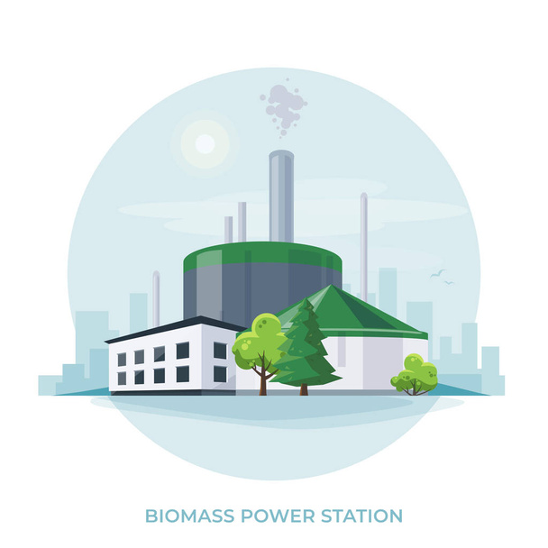 Biomassekraftwerk. Die Energieerzeugung aus Biokraftstoffen zur Erzeugung von Strom oder Wärme. Gewachsenes organisches Material Energieerzeuger. Isolierte Vektordarstellung auf weißem Hintergrund. - Vektor, Bild