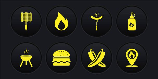 Set Barbecue grill, Ketchup fles, Burger, Gekruiste hete chili peperpod, Worst op de vork, Brand vlam, Locatie met vuur en stalen rooster pictogram. Vector - Vector, afbeelding