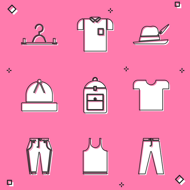 Askı dolabı, Polo gömleği, Oktoberfest şapkası, Kış, Sırt çantası, Tişört, Pantolon ve Kolsuz ikonu. Vektör - Vektör, Görsel
