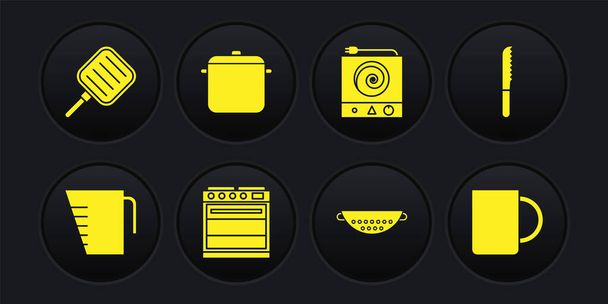 Ölçme kabı, ekmek bıçağı, fırın, mutfak süzgeci, elektrikli soba, tencere, kahve ve tava ikonu. Vektör - Vektör, Görsel