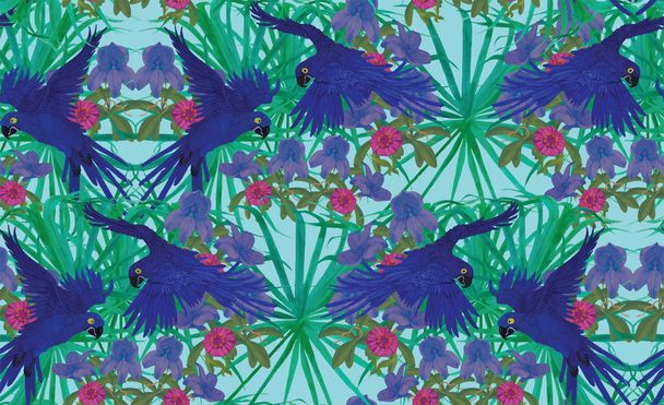 zökkenőmentes minta hyacinyh Ara papagáj. kézzel rajzolt vektoros. - Vektor, kép