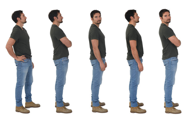 πλαϊνή όψη του ίδιου άνδρα με διάφορες στάσεις σε λευκό φόντο - Φωτογραφία, εικόνα