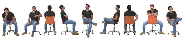 linha do mesmo homem sentado em uma cadeira em várias poses no fundo branco - Foto, Imagem