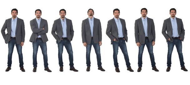 verschiedene Posen desselben Mannes mit Blazer und Jeans auf weißem Hintergrund - Foto, Bild