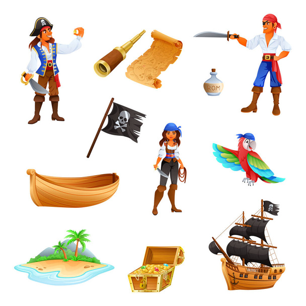 Piratas tesoro conjunto de dibujos animados - Vector, imagen