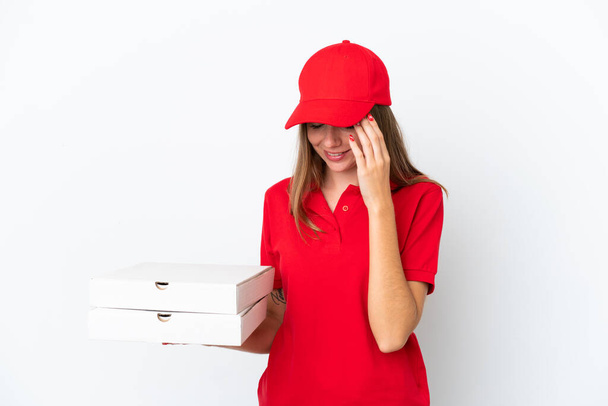 Pizza delivery Lithuanian woman isolated on white background laughing - Φωτογραφία, εικόνα