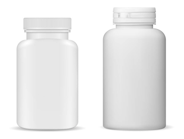Supplement bottle mockup. Vitamin pill bottle, isolated white plastic container. Medicine capsule jar blank. Pharmaceutical medicament product package design. Realistic antibiotic drugs bottle - ベクター画像