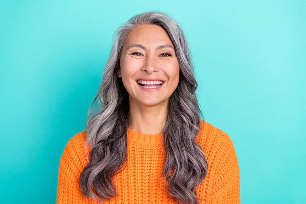 Portrait of attractive cheerful glad grey-haired woman laughing funny joke isolated over bright teal turquoise color background. - Фото, зображення
