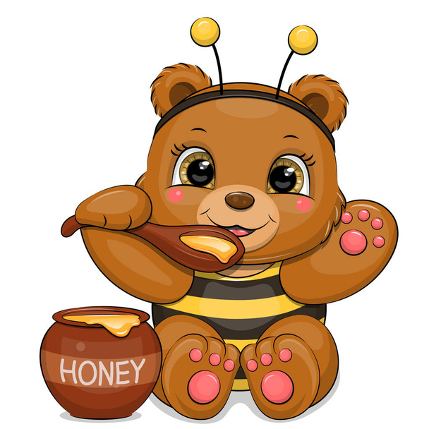 Χαριτωμένη αρκούδα με στολή μέλισσας τρώει μέλι. Εικονογράφηση διάνυσμα κινουμένων σχεδίων ενός ζώου σε λευκό φόντο. - Διάνυσμα, εικόνα