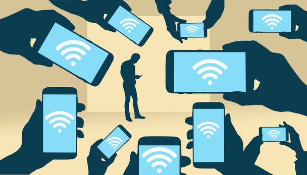 Wi-fi simgesini gösteren telefonları tutan eller, arka planda bir adamın telefonunda 3 boyutlu bir illüstrasyonda görüntülenir.. - Fotoğraf, Görsel