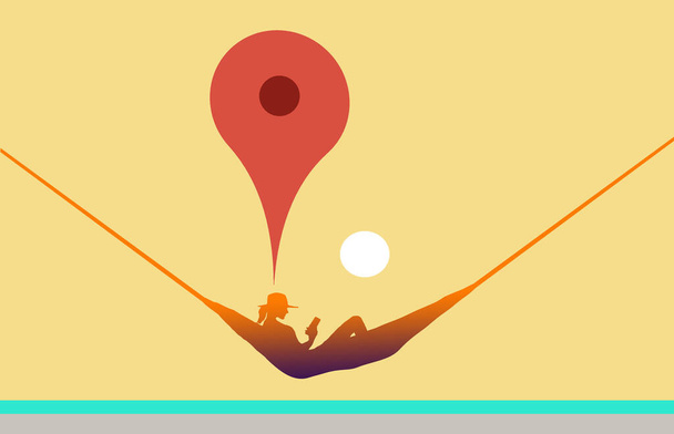 Un marcador del mapa señala a una mujer en una hamaca en una playa caliente en esta ilustración 3-d sobre estar justo donde usted desea estar. - Foto, Imagen